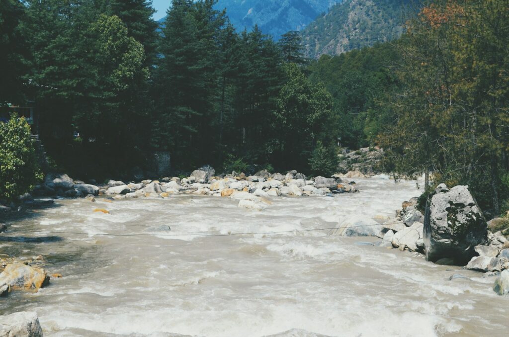 A strong water current in a rocky river.