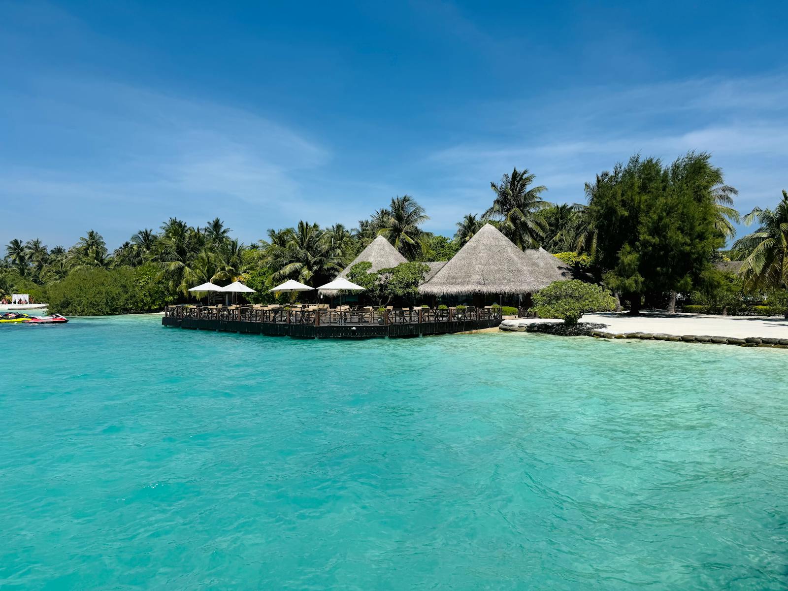 Tropical resort with thatched-roof huts by turquoise ocean waters and lush palm trees.
