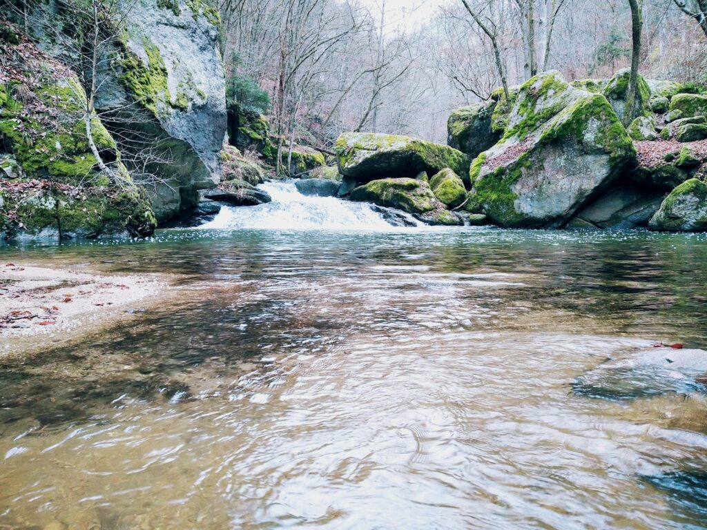 river in between green and brown rocks