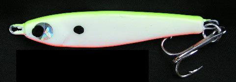 Fishing lure against black background, featuring a curved, neon green and white body with a holographic eye and two sharp, shiny treble hooks.
