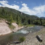 A serene river flows beside rocky shorelines and lush green trees, nestled in a forested mountain landscape under a blue sky with scattered clouds.
