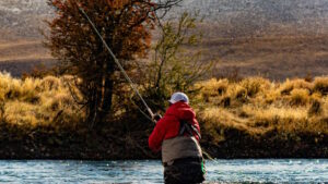 A person in waders and a red jacket fly fishing in a river during autumn, with trees and dry grass on the banks.