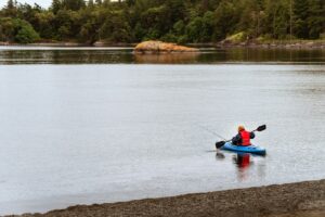 A person in a kayak on a body of water.